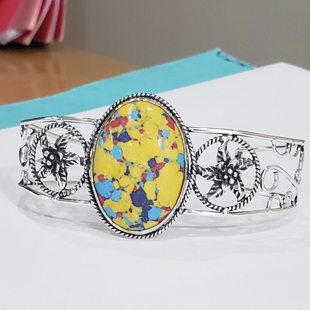 Jasper bracelet, 925 silver mosaic jasper adjustable cuff bracelet
